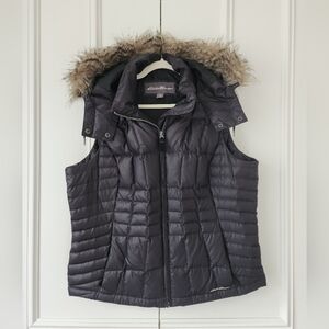 Eddie Bauer Quilted Puffer Vest with Faux Fur Hood | Black | Size XL
